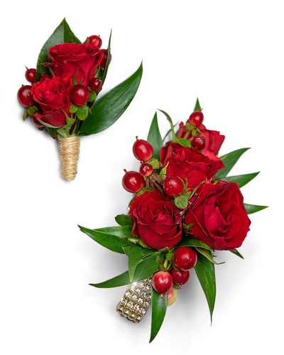 Crimson Corsage and Boutonniere Set from Sunrise Floral in O'Neill, Nebraska